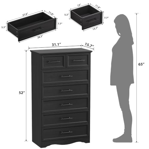 Black Dresser for Bedroom, Modern 7 Chest of Drawers, 52" Tall Chest of Drawers w/Brushed Metal Handle, Wood Closet Organizers and Storage Cabinet for Bedroom, Living Room, Hallway - color: Black, size: 15.7"D x 52.1"W x 31.1"H (7 Drawers)