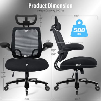 500lbs Big and Tall Office Chair - Heavy Duty Mesh Ergonomic Desk Chair with Headrest, High Back Computer Chair - Flip-up Armrests, Wide Thick Seat Cushion, Quiet Wheels, Black - color: Black With Headrest