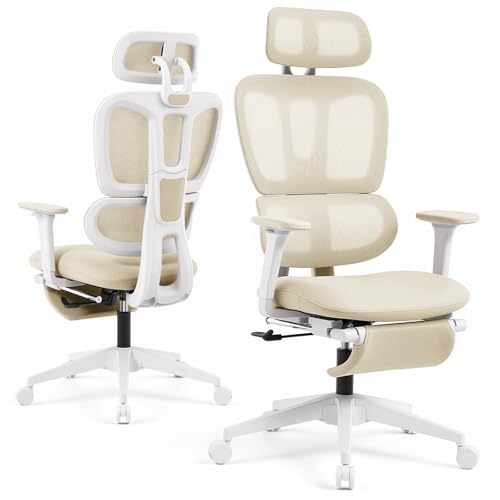 Ergonomic Office Chair with Footrest and Dynamic Lumbar Support, Cream | Reclining high-back computer chair, memory foam seat, 2D armrests, 2D headrest, mesh desk chair for home office, long hours - color: Beige