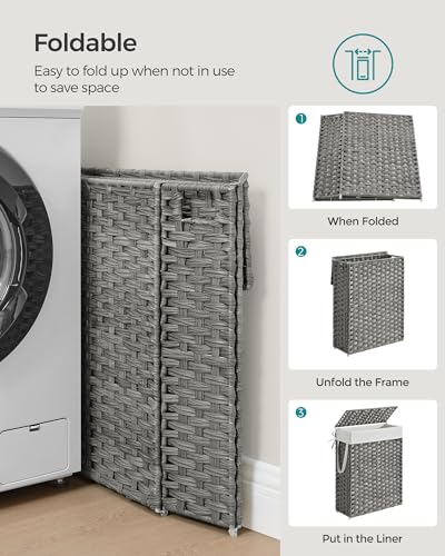 SONGMICS Laundry Hamper with Lid, 14.5 Gal (55 L) Synthetic Rattan,Foldable | Clothes Laundry Basket with Handles, Removable Liner, Dove Gray, ELIOTT Collection ULCB164G01 - color: Dove Gray, size: 55 L