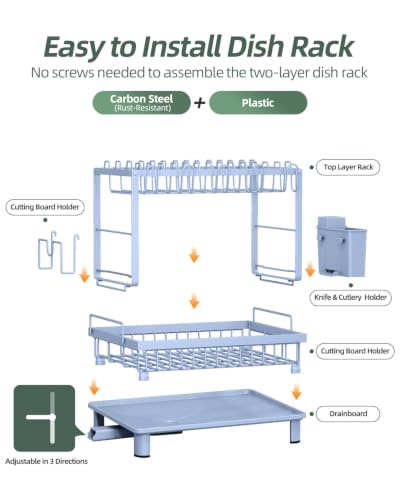 Dish Drying Rack 2-Tier Dish Racks with Drainboard, Rustproof, Space-Saving Dish Rack, Utensil & Cup Holder for Kitchen Counter, Blue - color: Blue