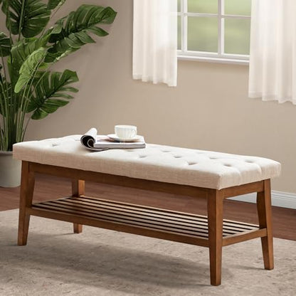 HUIMO Upholstered Entryway Shoe Bench, Button Tufted End of Bed Bench,Beige | with Solid Wood Slatted Shelf, Padded Ottoman Bench for Bedroom, Living Room, Entryway - color: Beige, style: French Country