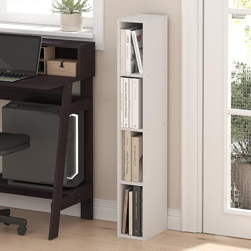Furinno Fulda Book Shelf, 4-Tier Narrow Bookshelf, Standing Bookcase with 6-in Width Storage Shelf, 9.3 x 5.9 x 41.6, for Organization and Storage, for Living Room, Bedroom, Home Office, White - color: White, size: 4-Tier, 6W