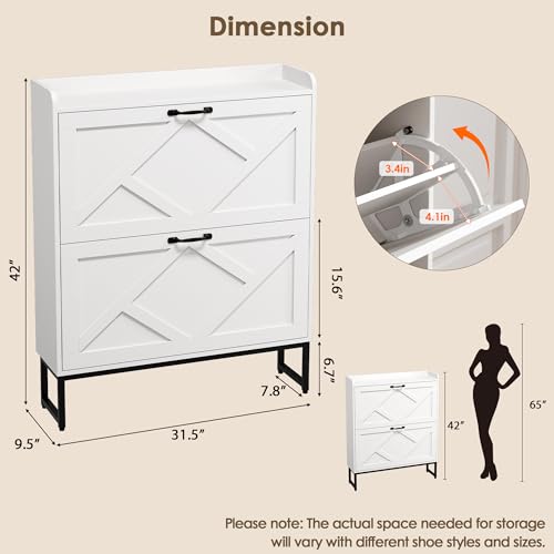 Shoe Cabinet Storage for Entryway, Slim Shoe Storage Cabient with 2 Flip Drawers, Narrow Vertical Shoe Rack Cabinet with Metal Hooks, Small Space Solution for Hallway, White - color: White