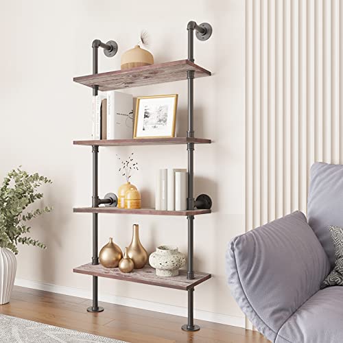 Yuanshikj 4 Tier with 24" Solid Wood Planks, Industrial Pipe Ladder Shelf | Metal Iron Rustic Wall Mounted for Living Room,Office, Decor Storage,Bookshelf - size: 4 Tier With 24" Solid Wood