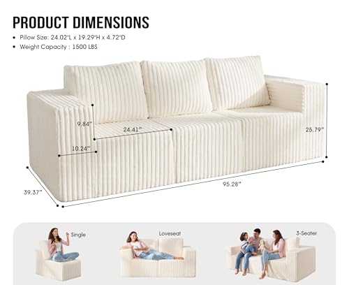Hobestluk 3 Seater Modular Couch with Deep Seat Oversized Sectional Sofa | Strip White,3-Seater,Cozy Fabric,Memory Foam,No Assembly,Cloud Chair,With Pillows,For Livingroom Bedroom,Free Combination - color: White, size: 3-Seater