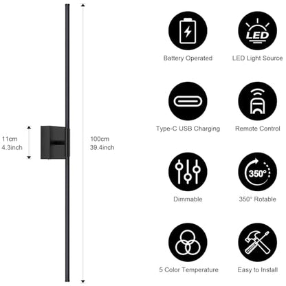 Battery Operated Wall Sconce, 3000K-6000K Dimmable Black Wall Lights with Remote Control, Timable LED Wireless Wall Sconces, 350° Ratate for Bathroom, Living Room, Hallway 39.4 Inch 1 Pack - color: Black, size: 39.4in(1 Pack)