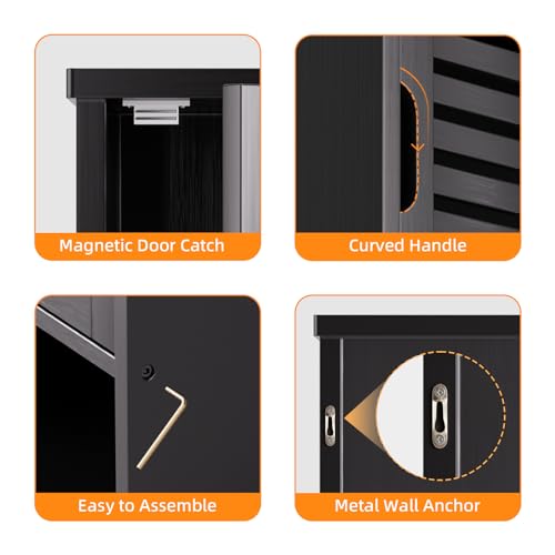 HITNET Bathroom Storage Cabinet Wall Mounted, Hanging Medicine Cabinet with Adjustable Shelf, Over the Toilet Space Saver Organizer, Black Bamboo Kitchen Cupboard, Single Door - color: Black