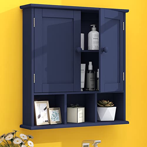 TaoHFE Blue Bathroom Over The Toilet Storage Cabinet | Wall Medicine Cabinet Organizer With 2 Door Adjustable Shelves,Wooden Modern Bathroom Shelves Wall Mounted Laundry Room - color: Blue