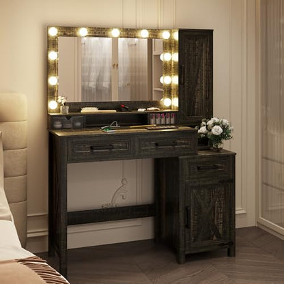TAGELIER Vanity Desk Mirror with 11 Hollywood Blubs & Charging Station | 3 in 1 Farmhouse Lighted Vanity Table with Drawers & Shelves, Rustic Big Makeup Desk for Bedroom, Cloakroom, Dark Oak - style: Dark Oak-40