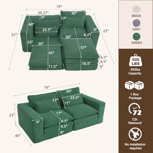 78" Boneless Couch Loveseat, Modular Sectional Sofa 2 Deep Seat Corduroy Pull Out Sleeper Sofa Bed Couch for Living Room Apartment No Assembly 78" loveseat-Green - size: 78"loveseat