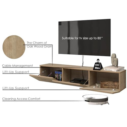Floating TV Stand Wall Mounted for 65"–80" TVs, Modern Floating Entertainment Center with Cable Management, Wall Mount TV Stand with Storage, Mounted TV Console for Living Room - color: Oak