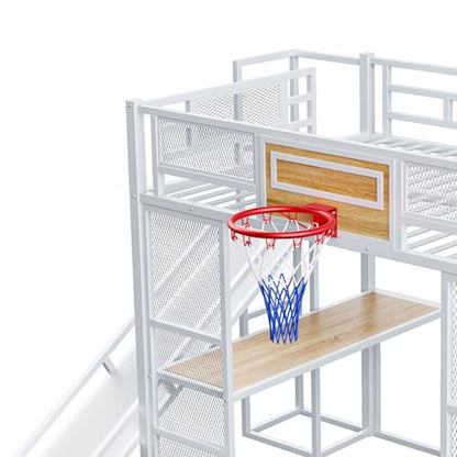 LUMISOL Full Size Loft Bed with Desk and Stairs, Heavy Duty Metal Loft Bed Frame with Storage Shelves and Basketball Hoop, Noise Free, No Box Spring Needed, White - color: White, size: Full with Slide