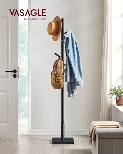 VASAGLE Solid Wood Coat Rack, Free Standing Hall Coat Tree with 8 Hooks, 3 Height Options, for Coats, Hats, Bags, Purses, for Entryway, Hallway, Rubberwood Hooks and Pole, Ink Black URCR010B01 - color: Ink Black, style: Square Base + Cylindrical Hooks