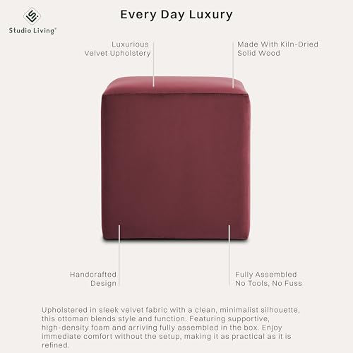 Studio Living® 18” Warren Ottoman Square Soft Velvet Bench, Stationary Ottomans, Backless Chair, Footrest for Living Room, Footstool Office, Bedroom, Padded Seat, Plum - color: Plum