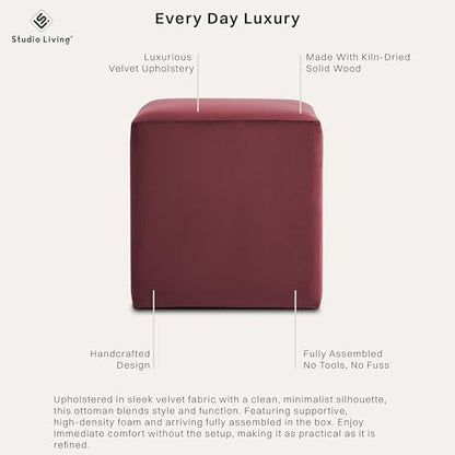 Studio Living® 18” Warren Ottoman Square Soft Velvet Bench, Stationary Ottomans, Backless Chair, Footrest for Living Room, Footstool Office, Bedroom, Padded Seat, Plum - color: Plum