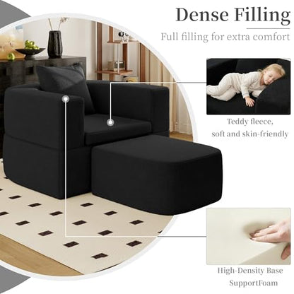 40" Pull Out Couch,2 in 1 Sleeper Sofa Bed,Convertible Sleeper Chair with Pillow Foldable Mattress with Back Support,Teddy Fleece,Black - color: Black