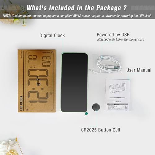 Digital Clock for Bedroom, 6.7in Desk Clock, Auto Dimming, Room Temperature, Day of The Week, Date, Seconds, Clocks for Living Room, Alarm Clocks for Bedrooms - color: Green (White + Green Digits)