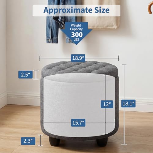 19 Inch Storage Round Ottoman, Footstools with Hidden Storage with Removable Lid, Stylish Button Tufted Design Ottoman Foot Stools for Living Room, Bedroom, Darkgrey - color: Grey
