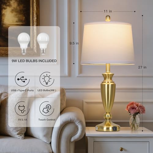 Rinweey 27" Gold Table Lamp Single, Touch Control Modern Bedroom Lamp with USB A+C Ports, 3-Way Metal Bedside Lamp, Elegant Brass Table Lamp for Night Stand Desk Side Table Office (Bulb Inclued) - color: Gold-27"H-1PK