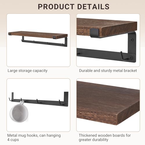 Dahey Coffee Mug Holder Wall Mount with Hooks, 2 Pack Wood Cup Shelf, Brown | Space Saving, Storage & Hanging Design, Fits Utensils Spices Cans, Easy Assembly, Hardware Included, Rustic Bar Kitchen Decor