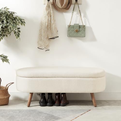 43.5" Ottoman with Storage, Storage Ottoman Bench with Safety Hinge, Boucle End of Bed Bench, Upholstered Entryway Bench for Bedroom, Living Room & Window, Holds up to 330 lb, Apricot - color: Light Apricot, size: 16"D x 43.5"W x 16"H