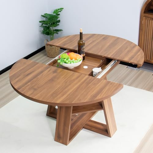 43.3"-59" Extendable Round Oval Dining Table for 4-8 with Storage Shelf | Modern Kitchen Oval Dining Table with Removable Leaves,Space Saving Extendable Table Wood Base for Kitchen Living Room Walnut - color: Walnut
