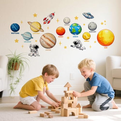 Solar System Wall Decals, Wall Stickers Decor | 2 Sheets 11.8"x37.8" Vinyl Removable Peel and Stick Murals, Plant Decor for Bedroom, Bathroom, Office, Classroom & Home - style: Solar System