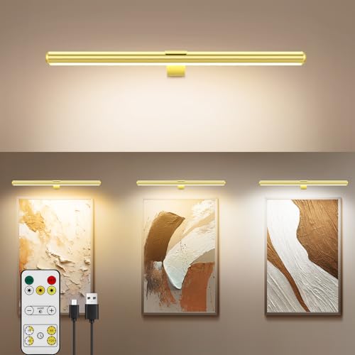 22'' Picture Light Gold for Painting with 3 Lighting,Rechargeable Wall Art Light for Painting Brightness Dimmable,Battery Display Accent Light for Picture Gallery Poster Frame Dartboard - color: Gold, size: 22inch Standard 1-Pack