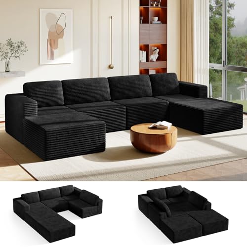 Vesgantti 159" Large Modular Sectional Sofa, U-Shaped Corduroy Cloud Couch with Deep Seats & Spring Support, 4-Seater Boneless Sofa with 2 Movable Ottomans, No Assembly Needed, Black - color: 159" - 4 Seater + 2 Ottoman Black