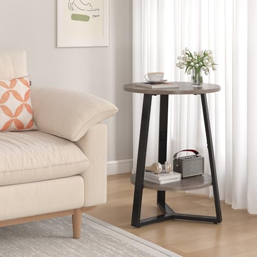 sthmec Small Round End Table, 2 Tier Side Table with Storage Shlef,Coffee Table Wooden Tabletop & Metal Frame,Round Accent Table Small Nightstands Couch Tables for Bedroom,Livingroom, Grey - color: Grey