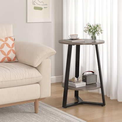 sthmec Small Round End Table, 2 Tier Side Table with Storage Shlef,Coffee Table Wooden Tabletop & Metal Frame,Round Accent Table Small Nightstands Couch Tables for Bedroom,Livingroom, Grey - color: Grey