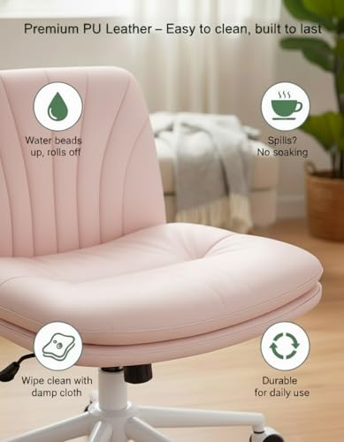 Marsail Armless-Office Desk Chair with Wheels: PU Leather Cross Legged Wide Chair,Comfortable Adjustable Swivel Computer Task Chairs for Home,Office,Make Up,Small Space,Bed Room, Pink - color: Pink