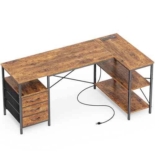 Huuger L Shaped Office Desk with Power Outlets & 3 Drawers | 55 Inch Computer Desk with Shelves, Reverisble for Gaming Corner Work Home Office Study, Rustic Brown - color: Rustic Brown, size: 55inch