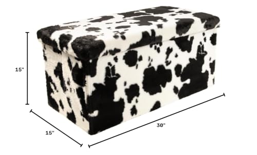 Luxe Faux Fur Storage Ottoman, Cowhide Black/White, 30 x 15 x 15 in | Engineered Wood, Tool-Free Assembly, Modern Style, Seat And Footrest - color: Cowhide Black/White, size: 30"D x 15"W x 15"H