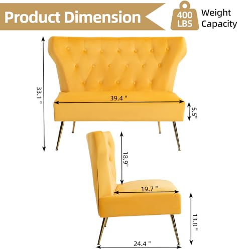 ZJhome Small Velvet Sofa, Soft Upholstered 40’’ Armless Loveseat Couch with High Density Foam, Modern Tufted Cushion with Gold Legs for Bedroom, Dorm, Apartment, Girls, Teens, Easy Assembly,Yellow - color: Yellow, size: 40‘’ button