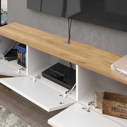 Atelier Mobili Floating TV Stand - Wall Mounted, Supports up to 80 inch TV, Modern White Entertainment Center for Living Room, White Floating TV Stand with Oak Counter Design - color: White & Sapphire Oak