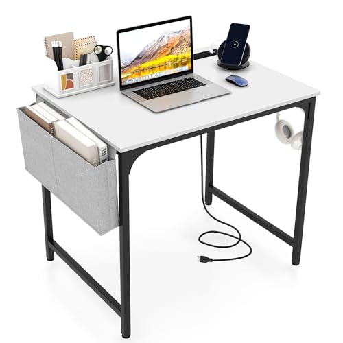 Giantex 32 Inch Computer Desk with Charging Station, Home Office Writing Desk with Storage Bag & Headphone Hook, Compact Gaming Table PC Workstation, Modern Simple Laptop Desk for Bedroom, Study - color: White, size: 32"