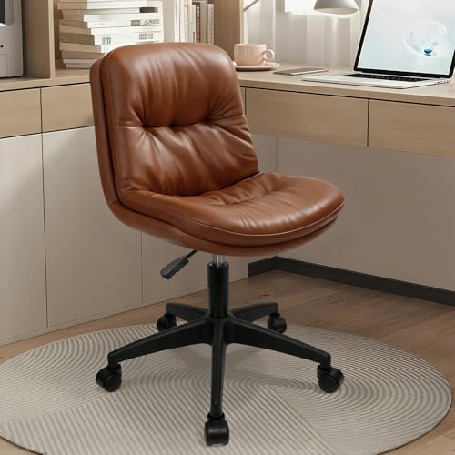 Armless Rolling Desk Chair, PU Leather Ergonomic Task Chair with Lumbar Support, Adjustable Height 360° Swivel Computer Chair for Home Office, Vanity, Bedroom & Small Spaces, Brown