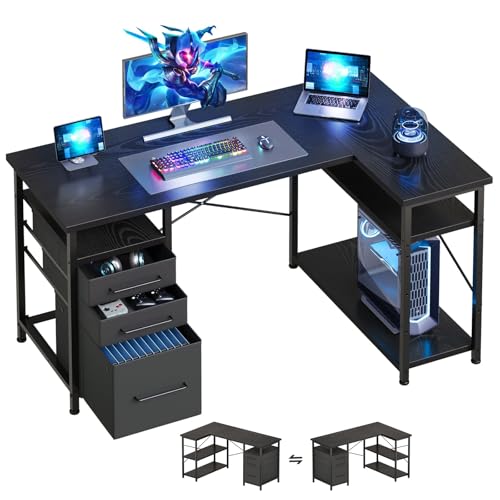 L Shaped Desk with Drawers, Office Desk with Storage Shelves, Black | 47in Desktop, Sturdy Metal Frame, Adjustable Pads, Corner Desk, Computer & Writing Desk, Compact Gaming Workstation - color: Black, size: 47Inches