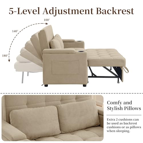 Korser 55.5'' 3-in-1 Convertible Sofa Bed, Pull Out Couch with 5-Position Adjustable Backrest, Loveseat Sleeper Sofa for Small Spaces, Sofa Couch with Cup Holders for Living Room, Office, Chenille - color: Khaki