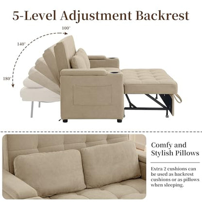 Korser 55.5'' 3-in-1 Convertible Sofa Bed, Pull Out Couch with 5-Position Adjustable Backrest, Loveseat Sleeper Sofa for Small Spaces, Sofa Couch with Cup Holders for Living Room, Office, Chenille - color: Khaki