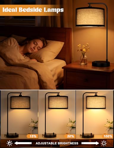 Innqoo Black Table Lamp for Bedroom with USB Port and Outlet, Dimmable Nightstand Bedside Lamps with Linen Lampshade, Desk Lamp for Home Office, Living Room, Guest Room, LED Bulb Included - color: G-Black Shade & Black Base