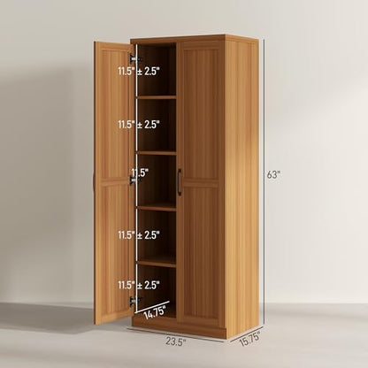 HOMCOM 63" 2-Door Kitchen Pantry 5-Tier Teak Wood Grain | Freestanding Storage Cabinet, Shelving, 2 Adjustable Shelves, for Dining Room - color: Teak Wood Grain