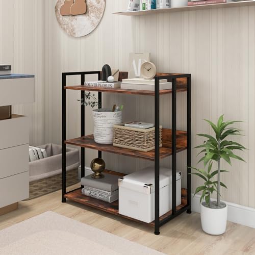 GOFLAME 3-Tier Bookshelf, Tall Bookcase Shelf with Metal Frame, Industrial Floor Storage Shelf Organizer, DIY Shelving Unit Display Rack for Study, Living Room, Kitchen, Rustic Brown