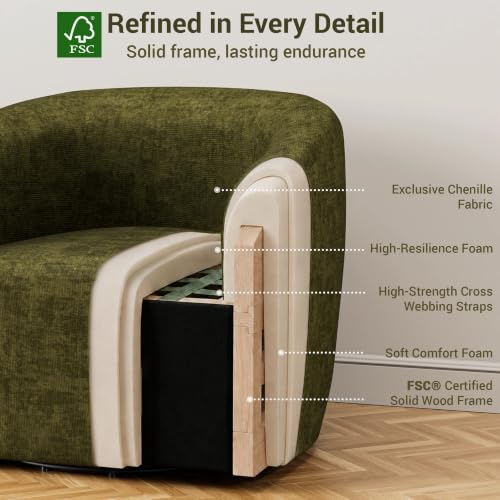 YaFiti Modern Swivel Accent Chair 1 pcs, Round Barrel Club Armchair, Green | Chenille Fabric, 24.4” Deep Seat, FSC Solid Wood, 400lbs Capacity, Barrel Club Chair, Upholstered Armchair for Living Bedroom - color: Green