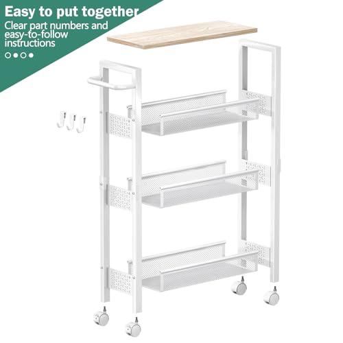 Vivihomety 4-Tier Slim Utility Rolling Laundry Cart with Wheels, Metal | Narrow 7.1" wide, Lockable wheels, wood top panel, metal frame, with handle, for laundry, bathroom, kitchen, white - color: White, size: 7.1 inch wide