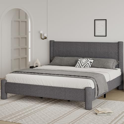 REVOMINCA King Boucle Bed Frame with Headboard & Footboard, Dark Grey | Upholstered platform frame has soft rounded corners, requires no box spring, and is easy to assemble. - color: Dark Grey, size: King