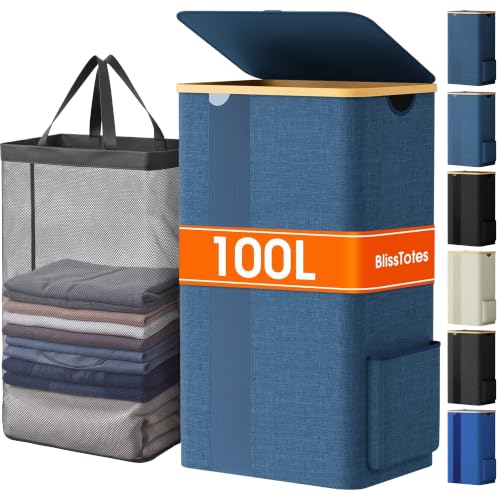 BlissTotes 100L Laundry Basket Hamper with Lid & Removable Bag,Light Blue | Clothes Laundry Hamper with Handles,Breathable Design Hamper for Bedroom, Bathroom, Dorm, Laundry Room - color: Cyan, size: 100l
