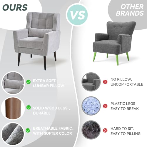 Modern Accent Chair, Upholstered Armchair with Pillow, Fabric Single Sofa Chair with Lounge Seat Solid Wood Legs Accent Chair for Living Room Bedroom Small Spaces (Grey) - color: Grey, size: Set of 1